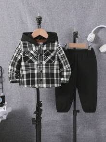 SHEIN 男嬰格紋印花連帽襯衫和褲子不帶T恤