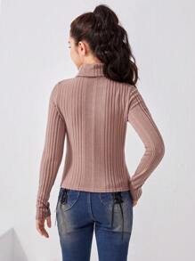 少女針織高領毛茸茸窩紋紋路長袖拇指孔t恤 - 藕粉色 - 查看 2