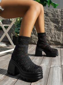 女性休閒針織高跟鞋厚鞋底時尚黑色彈性彈力靴 - 黑色 - 查看 6