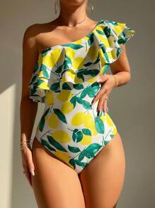 Swim Vcay Summer Beach Lemon Print Ruffle Trim One Shoulder One Piece Swimsuit - Multicolor - View 4