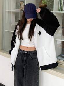 DAZY 女式拼色连帽羊毛衫秋冬拉链 - 黑與白 - 查看 2
