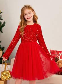 Vestido de malla tejida para niña preadolescente con cuello redondo de punto con cuentas y parches - Rojo - Ver 3