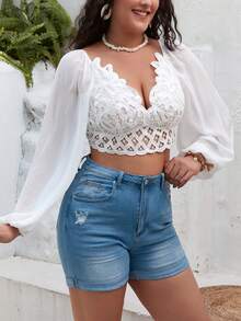 SHEIN VCAY Plus Guipure Lace Insert Lantern Sleeve Crop Blouse - White - View 7