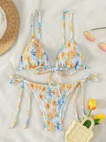 Swim Mod Summer Floral Print Smocked Triangle Tie Side Bikini Set