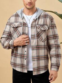 Manfinity Homme Men Plus Plaid Print Drawstring Hooded Flap Pocket Shirt