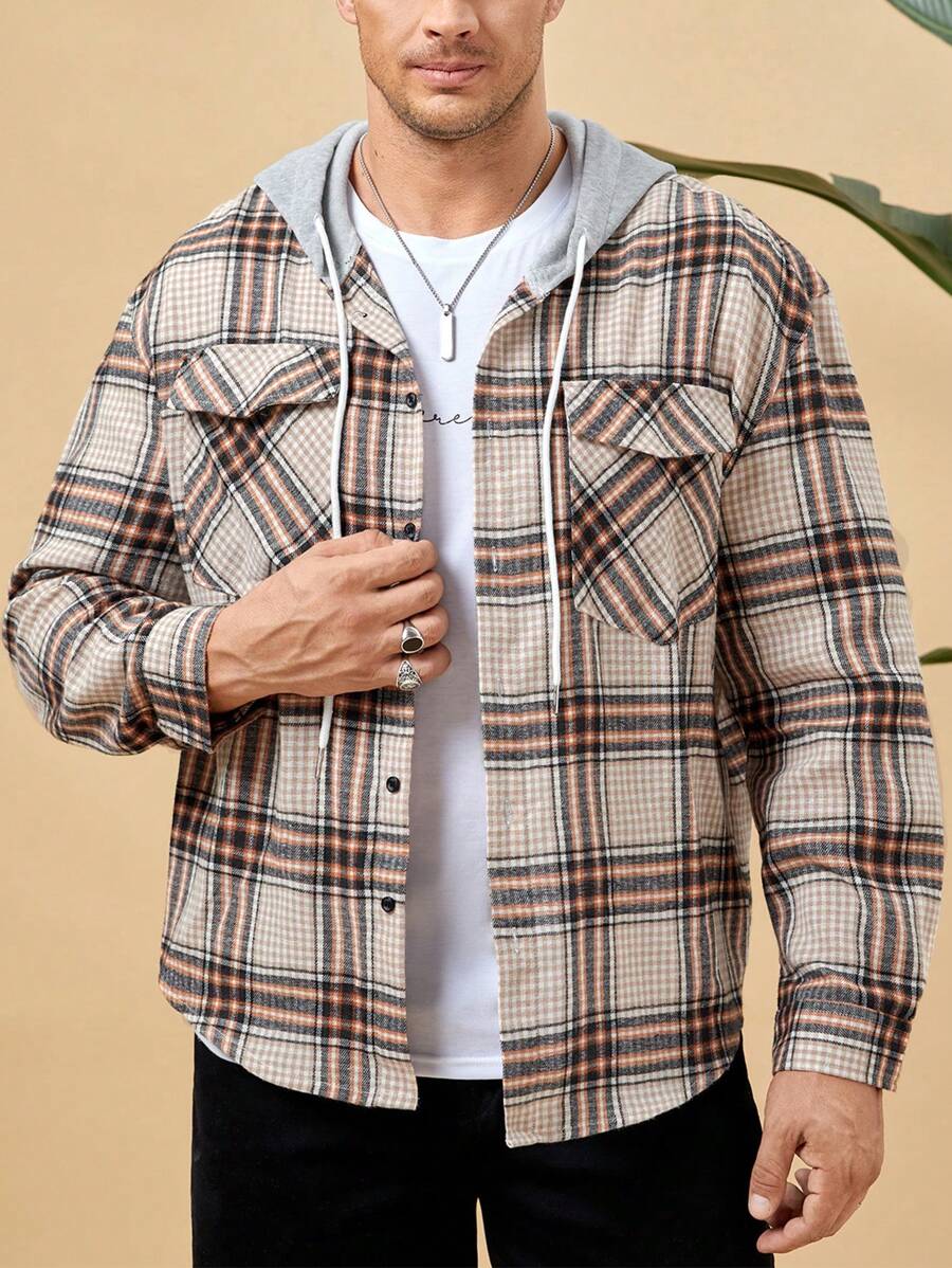 Manfinity Homme Men Plus Plaid Print Drawstring Hooded Flap Pocket Shirt