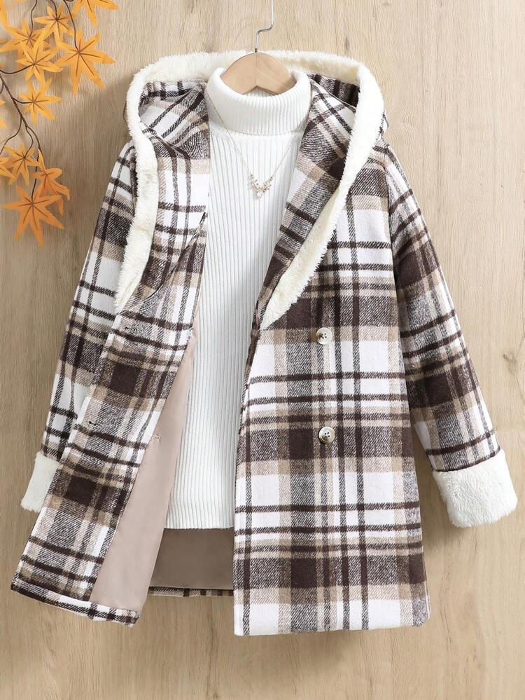 Tween Girl 1pc Plaid Print Double Breasted Hooded Belted Overcoat