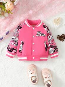 女嬰字母圖案插肩袖夾克 - 玫紅色 - 查看 1