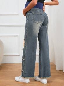 SHEIN Thai sản Thắt lưng băng rộng Rách Frayed Raw Hem Quần jean - Rửa tối - Xem 2