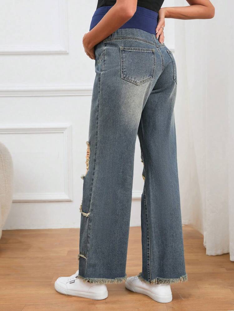 Maternity Wideband Waist Ripped Frayed Raw Hem Jeans