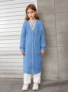 SHEIN Tween Girl Drop Shoulder Pocket Patched Cardigan - Blue - View 3