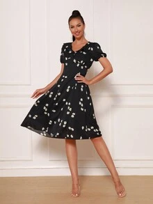 Modphy 花卉印花泡泡袖连衣裙