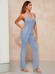 SHEIN BAE Button Front Backless Halter Neck Denim Jumpsuit - Light Wash - View 3