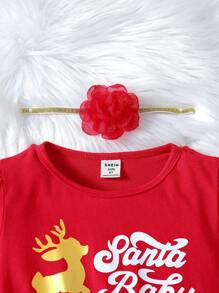 SHEIN 女小童聖誕圖案網紗邊洋裝 - 紅色 - 查看 4