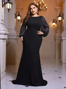 SHEIN Belle Plus Lantern Sleeve Mermaid Hem Formal Dress - Black - View 3