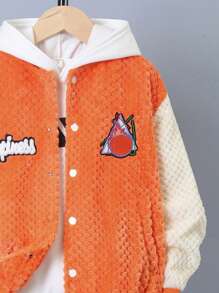 SHEIN Tween Boy Letter Patched Striped Trim Drop Shoulder Varsity Jacket Without Hoodie - Orange - View 5