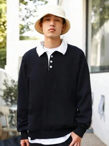 Manfinity Hypemode Hombres Jersey de cuello en contraste de hombros caídos - Negro - Ver 1