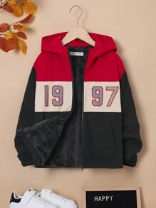 SHEIN Teenager Junge Jacke mit Nummer Grafik, Farbblock, Thermal Futter, Kapuze,