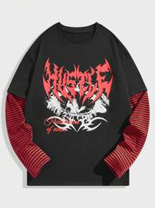 ROMWE MEN Grunge Punk Nam Đồ họa sọc & chữ Tee 2 trong1 - màu đen - Xem 1