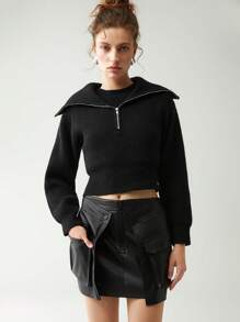 Anewsta 翻蓋口袋拉鏈門襟PU皮革半身裙 - 黑色 - 查看 5