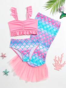 SHEIN Young Girl Fish Scales Print Ruffle Trim Bikini Set With Beach Skirt Summer Beach - Pink - View 1