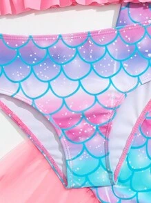 SHEIN Young Girl Fish Scales Print Ruffle Trim Bikini Set With Beach Skirt Summer Beach - Pink - View 4