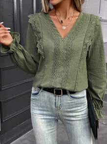 SHEIN Frenchy Guipure Lace Insert Flounce Sleeve Blouse - Green - View 5