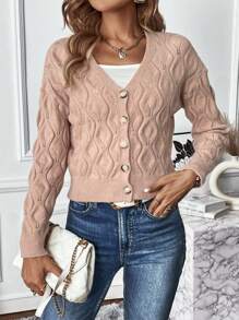 SHEIN Frenchy 落肩袖前紐扣開襟衫 - 粉色 - 查看 5