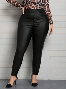 SHEIN Unity 大码纯色高腰紧身裤 大码裤 基本款春季紧身裤 休闲春季女裤 - 黑色 - 查看 1