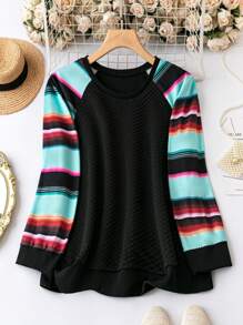 SHEIN LUNE 加大码条纹插肩袖套头卫衣 秋季卫衣 - 黑色 - 查看 1