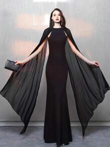 Solid Cloak Sleeve Dress - Black - View 1