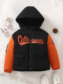 SHEIN 年轻男孩字母图案拼贴细节拼色连帽棉服外套