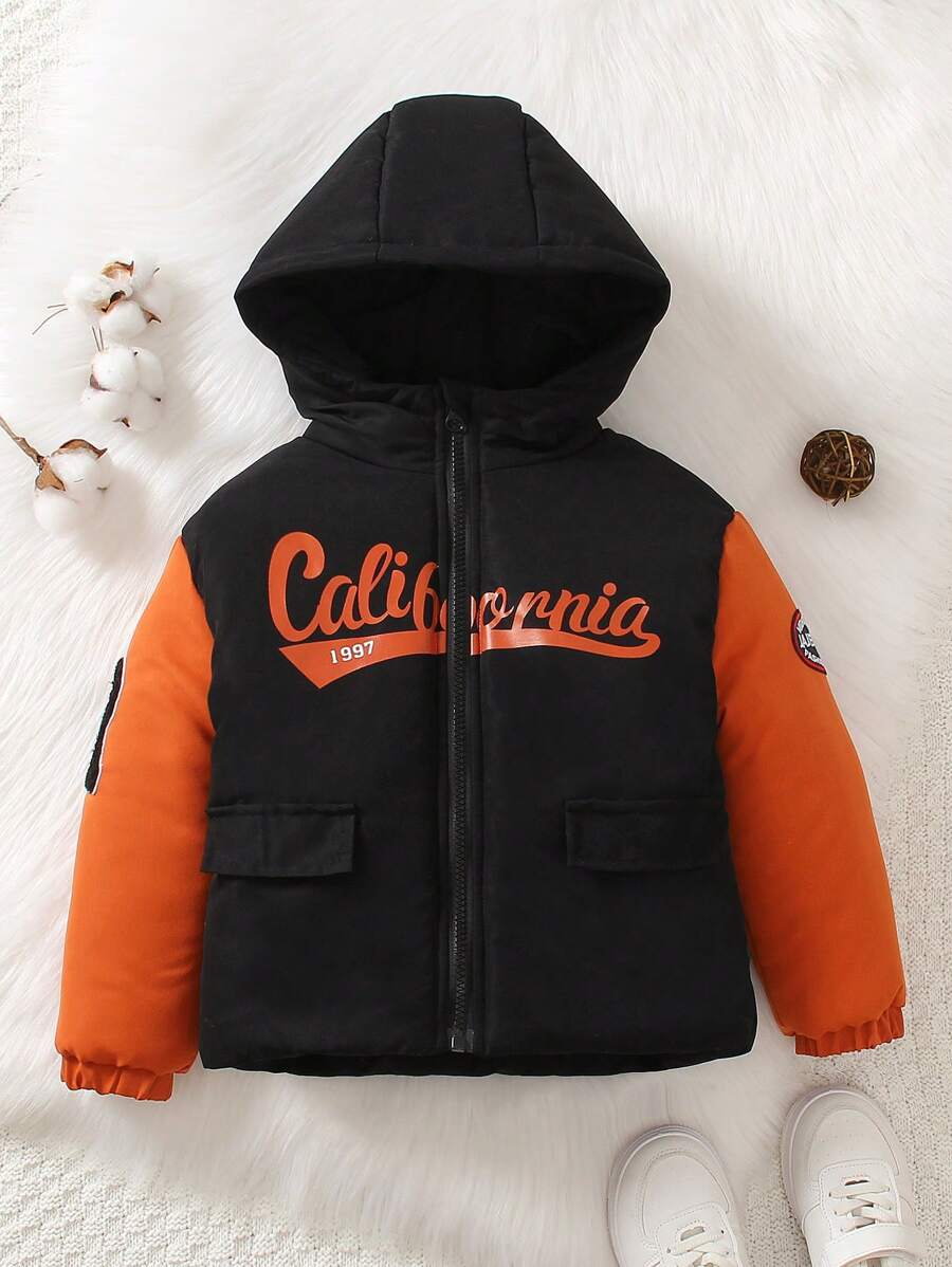 SHEIN 年轻男孩字母图案拼贴细节拼色连帽棉服外套