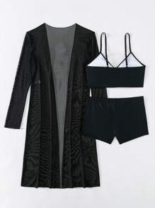 SHEIN Swim Summer Beach Solid Drawstring Bikini Set With Kimono - Black - View 4