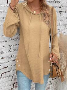 EMERY ROSE Solid Curved Hem Drawstring Hooded Blouse - Brown - View 1