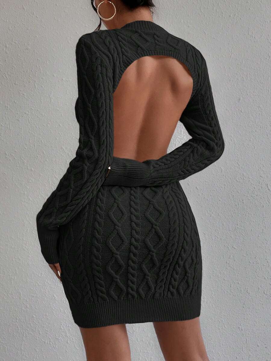 Chiquease Cable Knit Backless Sweater Dress Without Belt - Black - View 1