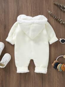 Baby Girl Button Front Hooded Cable Knit Jumpsuit - White - View 2