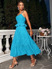 Glamaker 荷葉邊網眼刺繡吊帶洋裝 - 藍色 - 查看 3