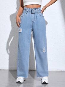 SHEIN EZwear 紙袋腰破洞毛邊腰帶直筒牛仔褲 - 中等水洗藍 - 查看 4