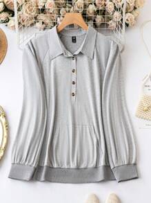 SHEIN LUNE Hơn Túi kangaroo Nút Nửa Áo nỉ - Xám - Xem 1