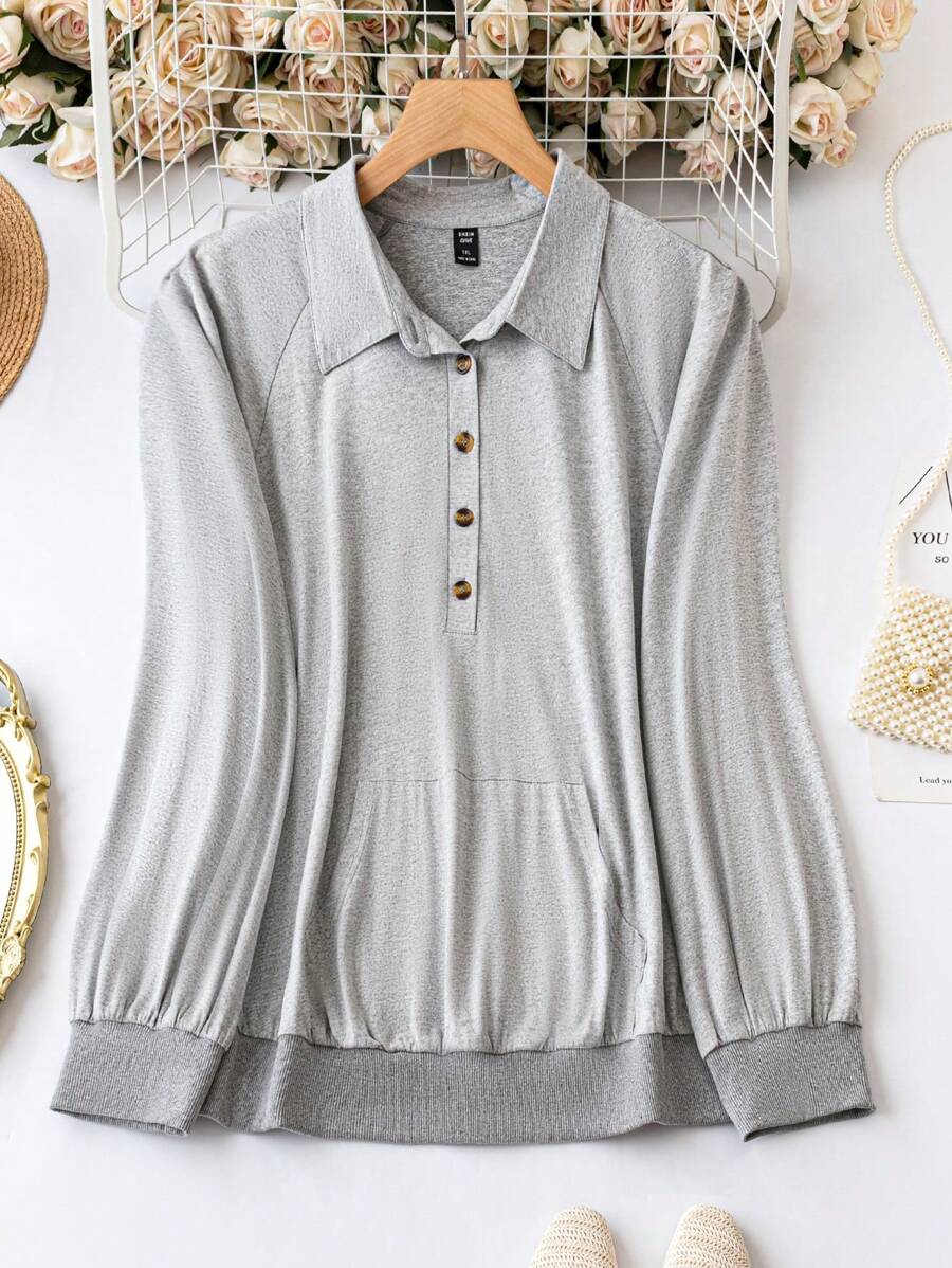 SHEIN LUNE Hơn Túi kangaroo Nút Nửa Áo nỉ - Xám - Xem 1