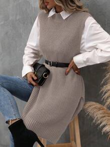 EMERY ROSE 1pc Split Hem Sweater Vest - Khaki - View 1