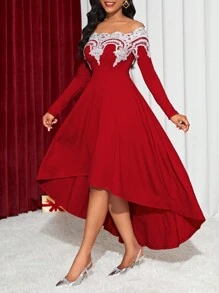 SHEIN Lady Off Shoulder Lace Appliques High Low Hem Dress - Red and White - View 1
