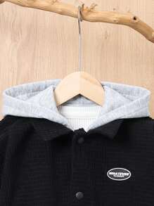 SHEIN 男大童1入組撞色字母補丁細節連帽外套 - 黑色 - 查看 4