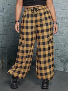 ROMWE PUNK 大碼格紋印花腰部抽繩側翻蓋口袋工裝褲 - 彩色 - 查看 1