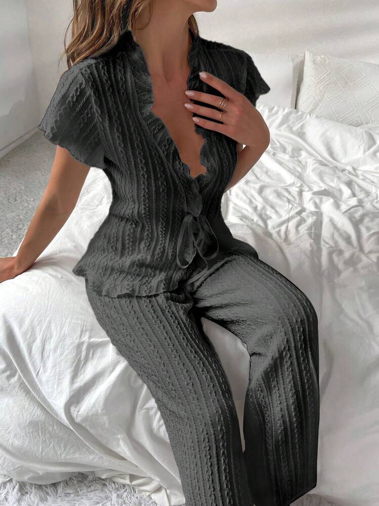 Conjunto de pijama con volantes y cinta frontal - Gris - Añade 5