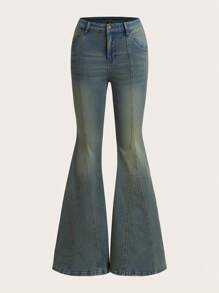 SHEIN ICON 毛邊下擺喇叭牛仔褲（無腰帶） - 中等水洗藍 - 查看 2