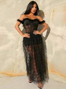 SHEIN SXY 一字肩毛茸邊網紗覆蓋洋裝 - 黑色 - 查看 6