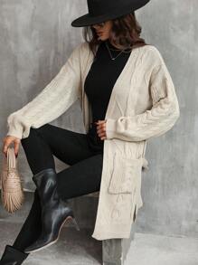 SHEIN Frenchy Dual Pocket Drop Shoulder Cardigan - Khaki - View 4