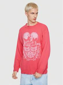 ROMWE MEN Street Life Hombres Jersey con patrón de cráneo de hombros caídos - Rosa - Ver 4